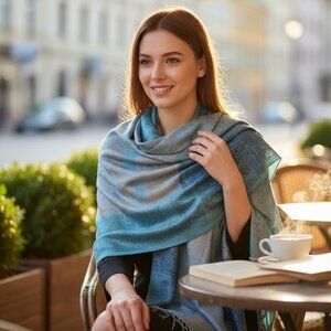 Vintage Teal & Blue Paisley Pashmina Scarf – Soft Lightweight Shawl – 27” × 66”